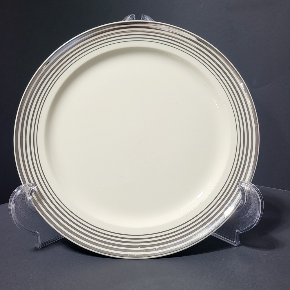 VTG‎ Taylor Smith Taylor USA Dinner Plate Cream Silver Platinum Striped Rim 10"